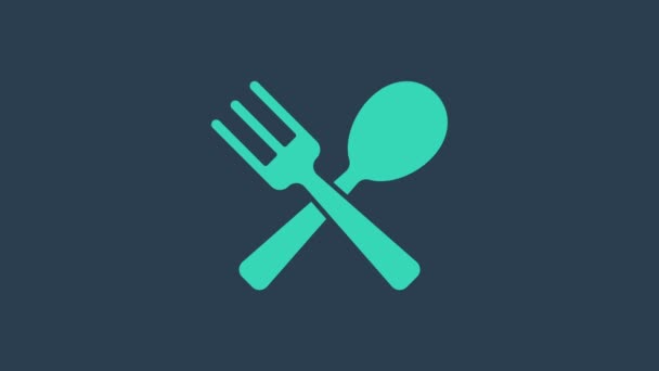 Fourchette croisée turquoise et icône de cuillère isolée sur fond bleu. Ustensiles de cuisine. Panneau couverts. Animation graphique de mouvement vidéo 4K - Séquence, vidéo