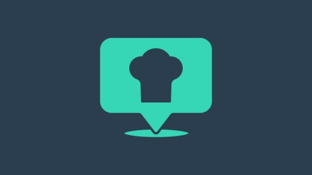 Turkusowy kapelusz szefa kuchni z ikoną lokalizacji na niebieskim tle. Symbol gotowania. Kapelusz kucharza. 4K Animacja graficzna ruchu wideo - Materiał filmowy, wideo