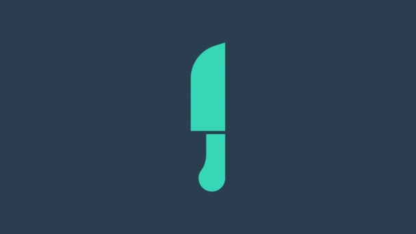 Icône de couteau turquoise isolée sur fond bleu. Symbole de couverts. Animation graphique de mouvement vidéo 4K - Séquence, vidéo