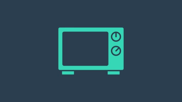 Türkiz Mikrohullámú sütő ikon elszigetelt kék alapon. Háztartási gépek ikonja. 4K Videó mozgás grafikus animáció - Felvétel, videó