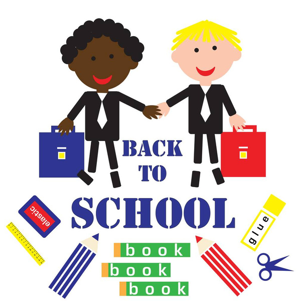 back to school, two students and school subjects on a white background, vector, - Photo, Image