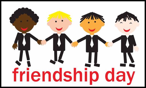 Friendship Day four business partners of different nationalities holding hands holding together their friendship with a handwriting. vector - Photo, Image