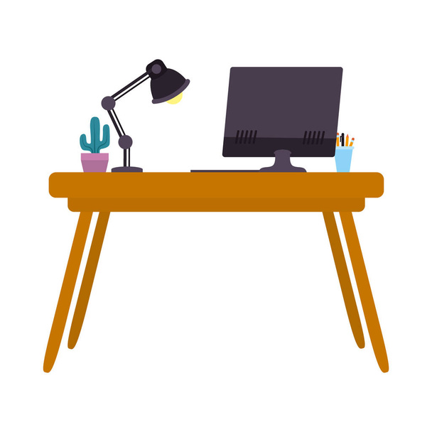 дерев'яний стіл з комп'ютером, настільна лампа та інше, плоский стиль
 - Вектор, зображення