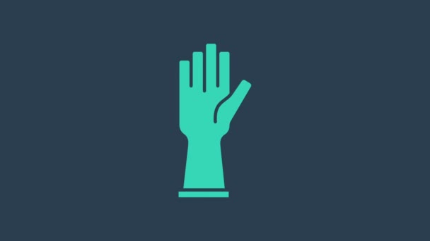 Türkiz gumikesztyű ikon elszigetelt kék alapon. Latex kézvédő tábla. Háztartási takarító berendezés szimbóluma. 4K Videó mozgás grafikus animáció - Felvétel, videó