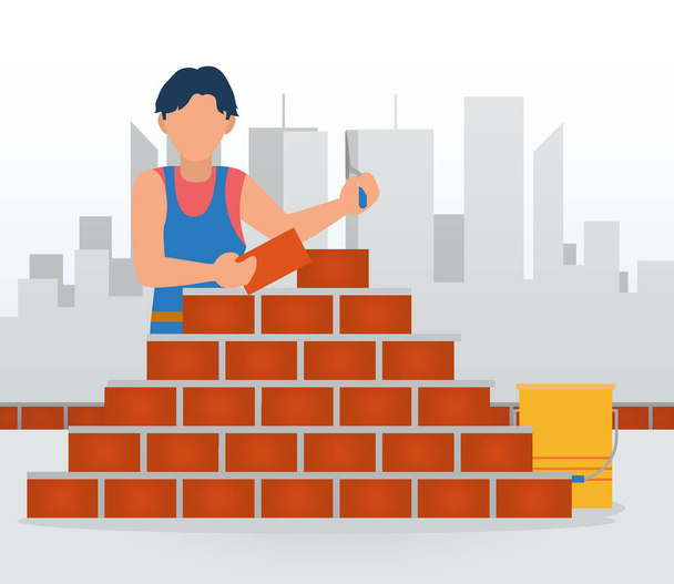 travailleur de la construction avec mur de briques, style plat - Vecteur, image