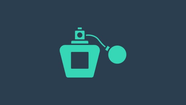 Turkoois parfum icoon geïsoleerd op blauwe achtergrond. 4K Video motion grafische animatie - Video