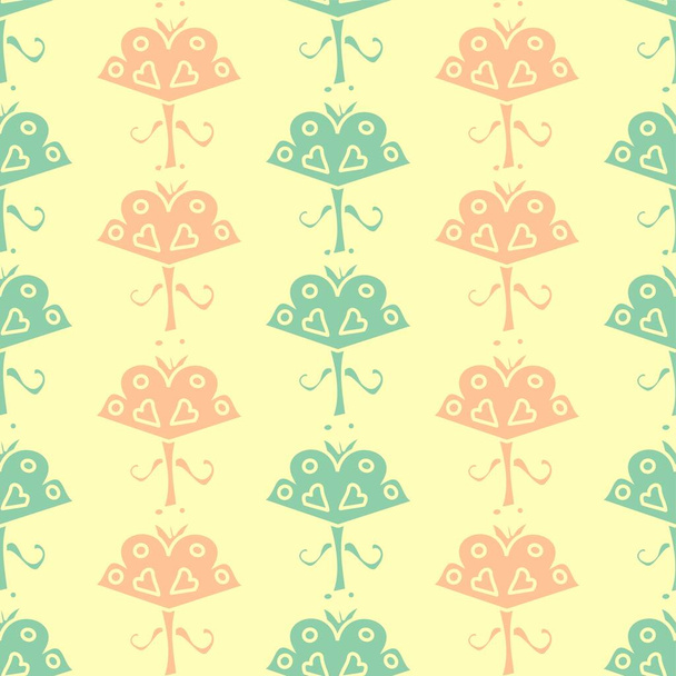 Seamless vector repeat simple shape pattern inspired by 60s design in dusky blue green and pink on a lemon background - Wektor, obraz