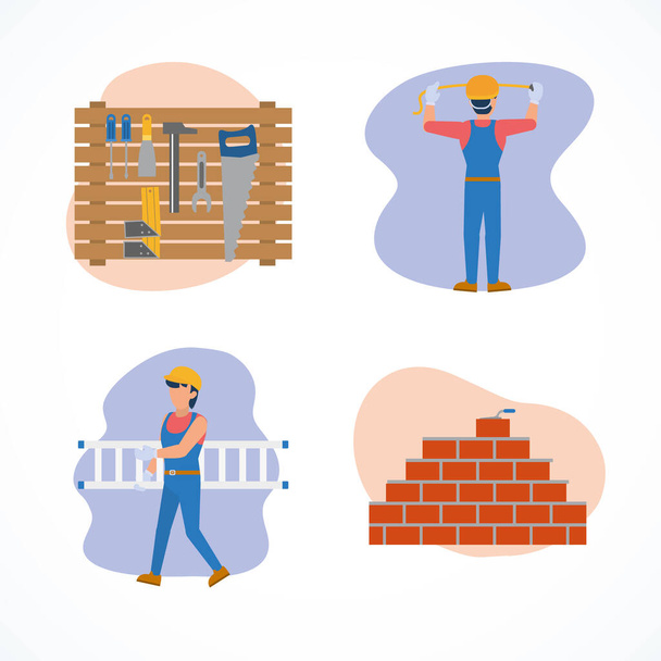trabajadores de la construcción y herramientas icono conjunto, estilo plano - Vector, Imagen