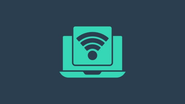 Turkusowa Bezprzewodowa ikona laptopa izolowana na niebieskim tle. Internet rzeczy koncepcja z bezprzewodowym połączeniem. 4K Animacja graficzna ruchu wideo - Materiał filmowy, wideo