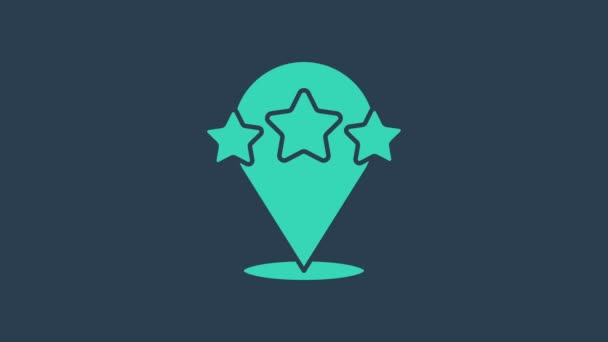 Turquoise Vijf sterren klant product rating review pictogram geïsoleerd op blauwe achtergrond. Favoriete, beste beoordeling, award symbool. 4K Video motion grafische animatie - Video