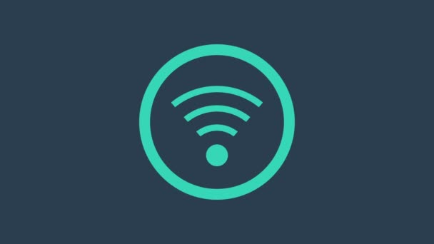 Turkoois Wi-Fi draadloos internet netwerk symbool pictogram geïsoleerd op blauwe achtergrond. 4K Video motion grafische animatie - Video