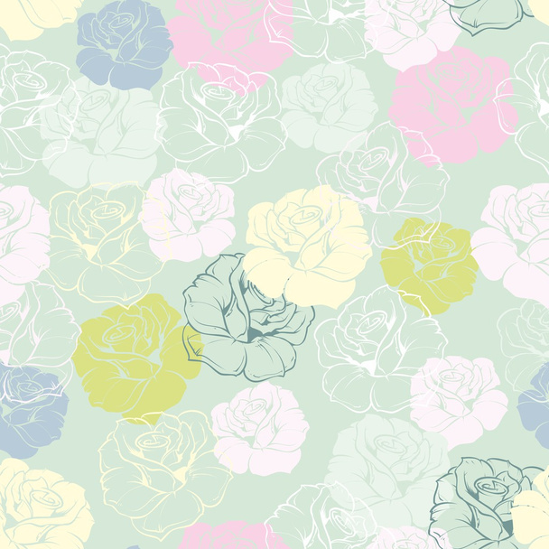 άνευ ραφής floral διάνυσμα μοτίβο με τριαντάφυλλα ροζ, κίτρινο, πράσινο, λευκό και μπλε πλακάκι σε παστέλ μπλε φόντο. όμορφο αφηρημένο υφή με τα ζωηρόχρωμα λουλούδια για σχεδιασμός desktop ταπετσαρία ή ιστοσελίδα - Διάνυσμα, εικόνα