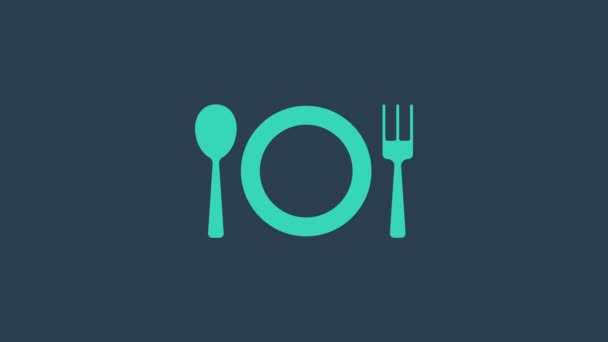 Placa turquesa, garfo e faca ícone isolado no fundo azul. Símbolo de talheres. Sinal do restaurante. Animação gráfica em movimento de vídeo 4K - Filmagem, Vídeo