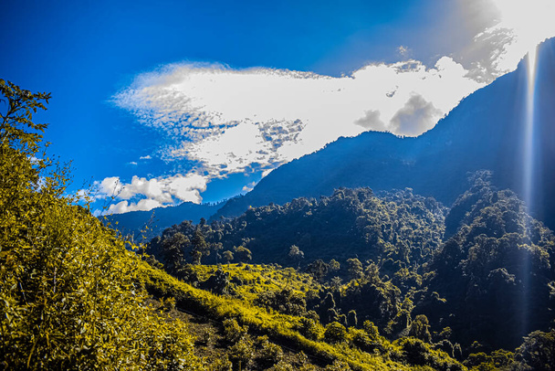krajina údolí a hor s lesem, s modrou oblohou - Fotografie, Obrázek