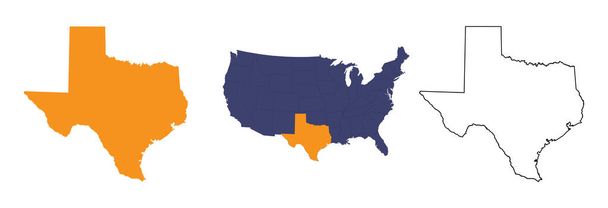 Der Bundesstaat Texas ist auf der Landkarte der Vereinigten Staaten orange hervorgehoben. Karte von Texas. - Vektor, Bild
