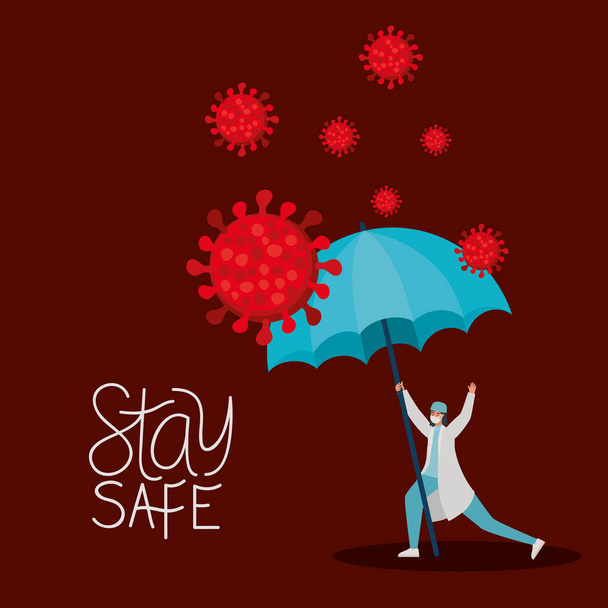 pysyä turvallinen kirjoitus ja naislääkäri yhdellä turvanaamio, punaiset hiukkaset ja yksi sateenvarjo - Vektori, kuva