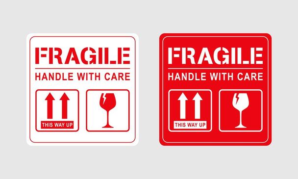 Ilustração vetorial do conjunto de adesivos Fragile, Handle with Care ou Package Label. Conjunto de cores vermelho e branco. Formato da bandeira.  - Vetor, Imagem