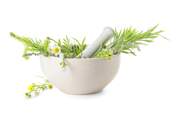 Mortier avec différentes herbes et fleurs sur fond blanc - Photo, image