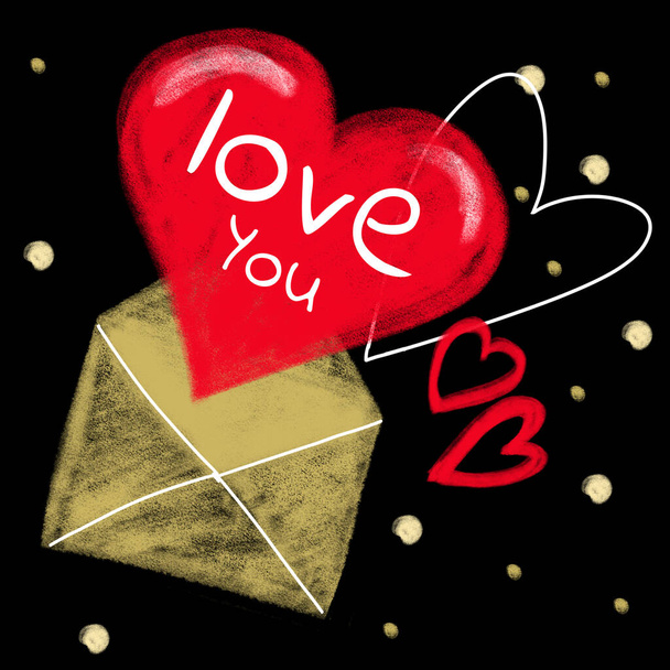Illustration Liebesbrief mit Herz auf schwarzem Grund - Foto, Bild