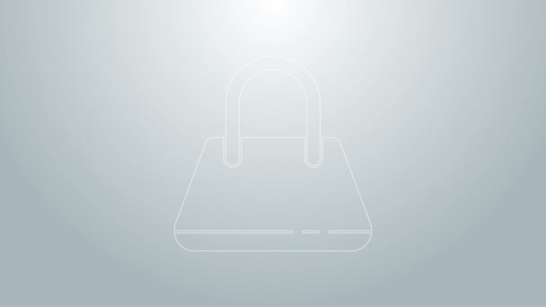 Modrá čára Kabelka ikona izolované na šedém pozadí. Dámská kabelka. Glamour ležérní zavazadla symbol. Grafická animace pohybu videa 4K - Záběry, video