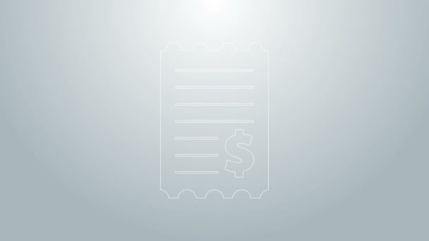 Linea blu Controllo carta e icona controllo finanziario isolati su sfondo grigio. Carta stampa assegno, ricevuta del negozio o fattura. Animazione grafica 4K Video motion - Filmati, video