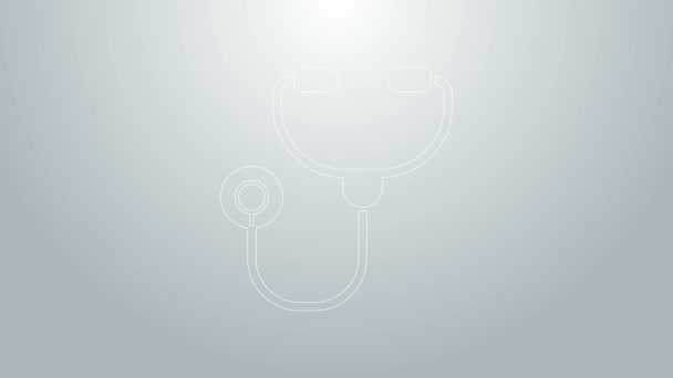 Kék vonal Stethoscope orvosi eszköz ikon elszigetelt szürke alapon. 4K Videó mozgás grafikus animáció - Felvétel, videó
