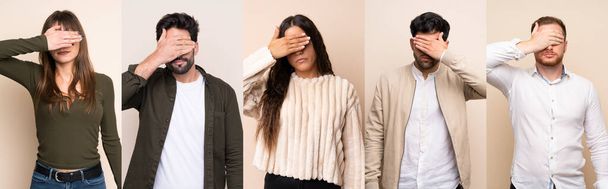 Set of people covering eyes by hands. Do not want to see something - Фото, зображення