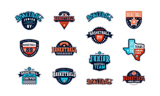 Badges set van basketbal toernooi met belettering en silhouet van de staat Texas. Grafisch ontwerp voor t-shirt. Kleur print op witte achtergrond - Vector, afbeelding