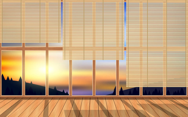 Bambusvorhang an den Holzfenstern im Holzhaus am Berg am Morgen - Vektor, Bild