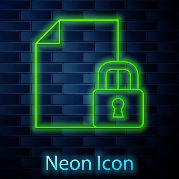 Glowing neon line Document and lock icon isolated on brick wall background. File format and padlock. Security, safety, protection concept.  Vector. - Vector, Image