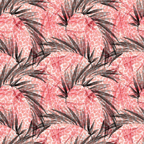 Transparant tropisch naadloos patroon. Abstract tropische bloemen creatieve achtergrond met palmbladeren, dierlijke huid print. Aquarelkunst voor trendy oppervlakteontwerp, stof, cadeauverpakking, behang - Foto, afbeelding