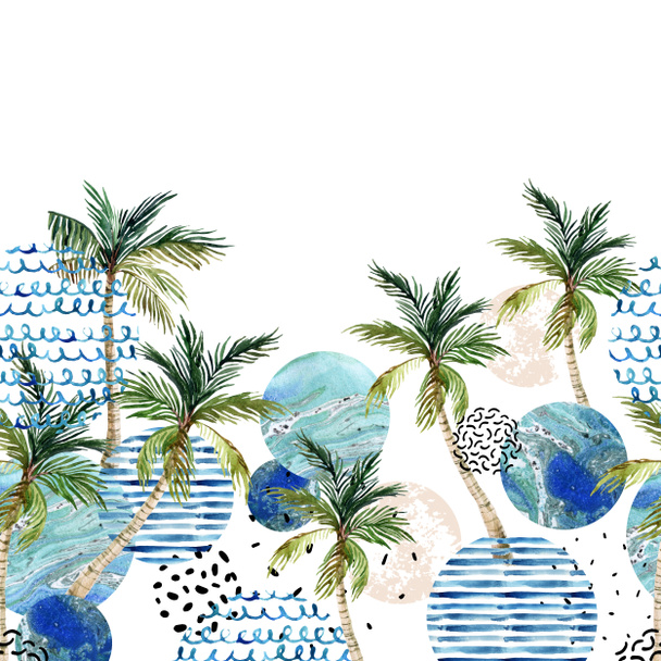 Abstracte zomerkunst. Kunstillustratie met palmboom, palmbladeren, doodle, marmer, grunge texturen, geometrische vormen geïsoleerd op witte achtergrond in de jaren 80, jaren 90 minimale stijl. Handgeschilderd strand ontwerp - Foto, afbeelding