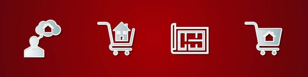 Set Man dreaming about buying house, Shopping cart with, House plan and  icon. Vector. - Vector, Image