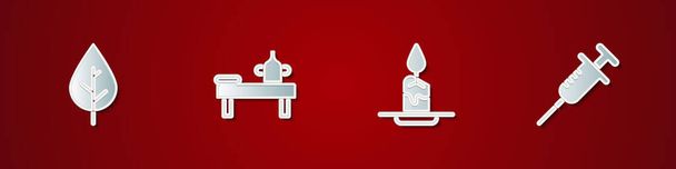 Set Leaf, Massage table with oil, Aroma candle and Syringe icon. Vector. - Vector, Image