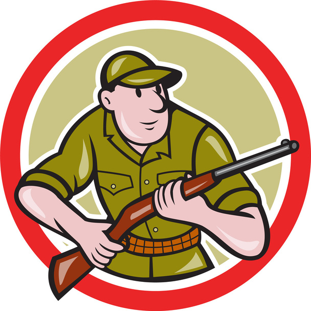 Hunter dragen geweer cirkel cartoon - Vector, afbeelding