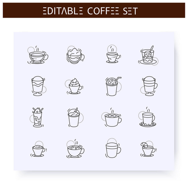 Coffe italok típusú vonal ikonok beállítva. Szerkeszthető  - Vektor, kép