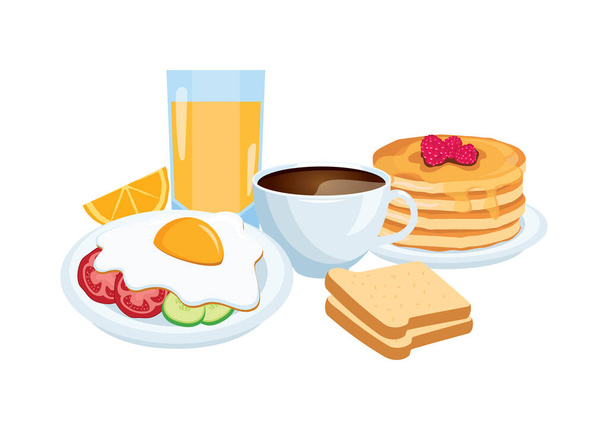 Kahve, yumurta, krep, ekmek ve portakal suyu vektörüyle kahvaltı. Zengin ve çeşitli kahvaltı ikonu vektörü. Kahvaltı besin simgesi beyaz arkaplan vektör illüstrasyonunda izole edildi - Vektör, Görsel
