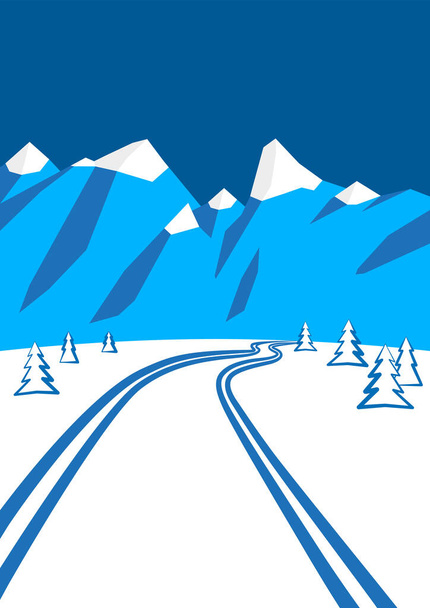 illustration of winter landscape with mountains in the background, cross-country ski run - Vector, imagen