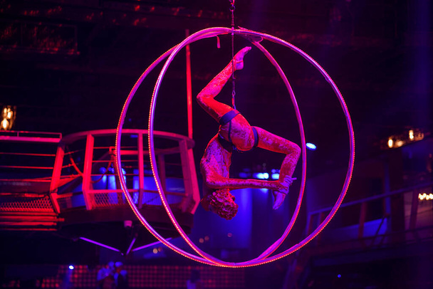 Flexible young woman make performance on aerial hoop, flexible back on aerial hoop, aerial circus show, purple red light. Flexible woman gymnast upside down on hoop. Night club performance - Photo, Image