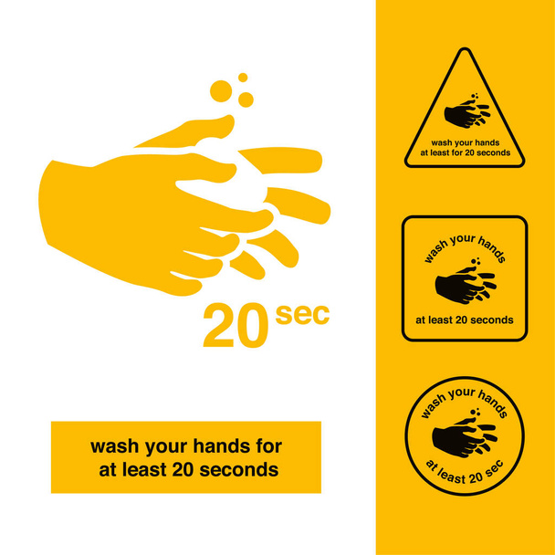 Lavar as mãos ícone ou sinal. As mãos estão segurando sabão. Lave as mãos lave as mãos pelo menos por 20 segundos. - Vetor, Imagem