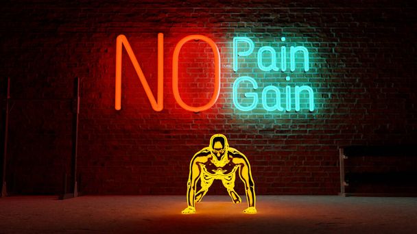 No Pain NO Gain Sign Workout Hard Pushups Neon Colorful Brick Walls Dumbbell Concept Advertisement 3d Graphic - Фото, изображение