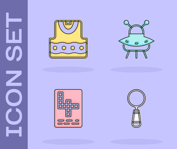 Set Magnifying glass, Waistcoat, Crossword and UFO flying spaceship icon. Vector. - Vector, Image