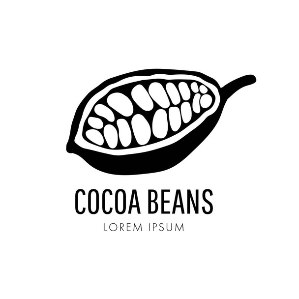 Kakaoschoten und Kakaobohnen-Symbol, Schokoladenbasis isoliert auf weißem Hintergrund. Vektorillustration. Logo-Vorlage - Vektor, Bild