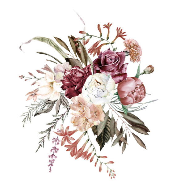 Boho burgundy bouquets clipart, Watercolor blush and burgundy wedding flowers, Wedding invitation arrangements, valentines, floral posters - Fotografie, Obrázek