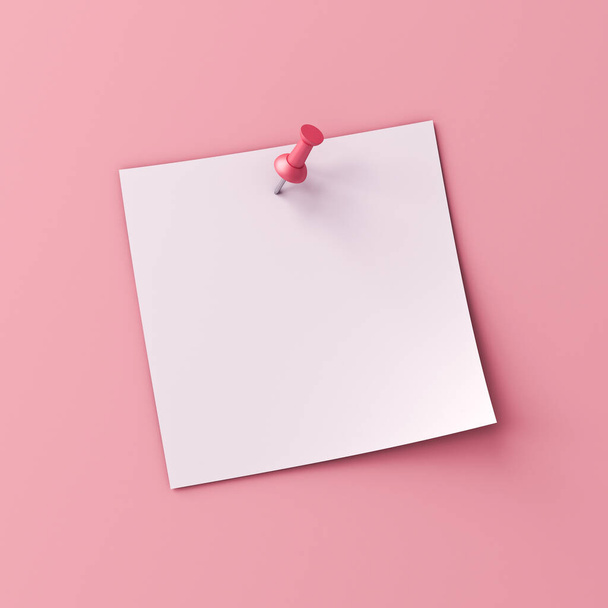 Blanko weißes Notizpapier mit rosa Stecknadel isoliert auf rosa Pastellfarbe Wandhintergrund minimale konzeptionelle 3D-Rendering - Foto, Bild