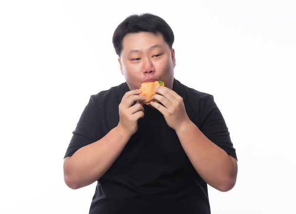 Молодой смешной толстый азиат ест гамбургер изолирован на белом фоне, нездоровая концепция. - Фото, изображение