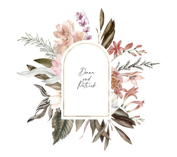 Ροζ χρυσό και μπορντό πλαίσιο λουλουδιών γάμου. Λευκά και μπορντό χρυσά πλαίσια και ρυθμίσεις για προσκλήσεις, ευχετήριες κάρτες, μέσα κοινωνικής δικτύωσης, θηλυκό λογότυπο - Φωτογραφία, εικόνα