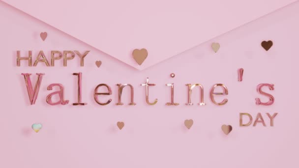 Felice giorno di San Valentino vetro Testo e forma di cuore su rosa lettera busta sfondo rendering 3D - Filmati, video