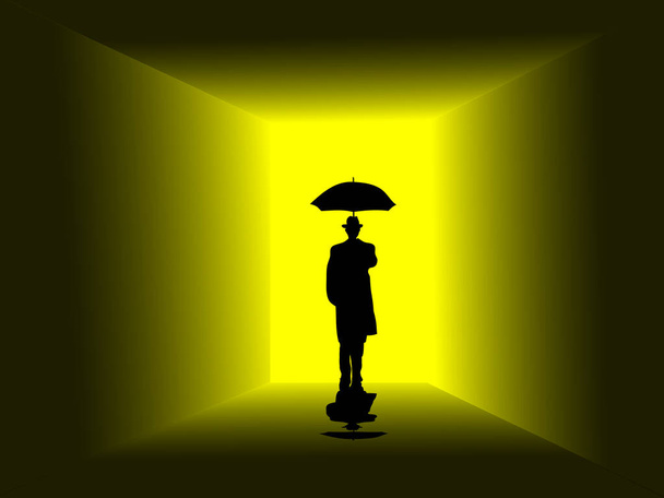 Un uomo con un cappotto nero, la mano destra che tiene un ombrello. stava davanti alla porta con una luce gialla. - Vettoriali, immagini