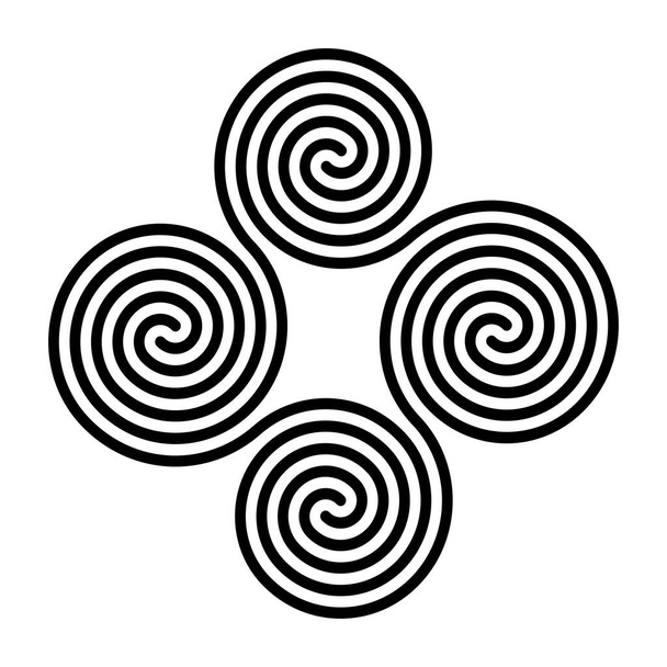 Cztery połączone celtyckie podwójne spirale. Czterokrotna spirala, utworzona przez cztery splecione spirale Archimedesa. Symbol i motyw. Czarno-biały, odosobniona ilustracja, na białym tle. Wektor. - Wektor, obraz